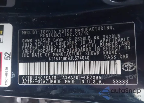2018 Toyota Camry Se from USA, damaged, VIN 4T1B11HK9JU574040